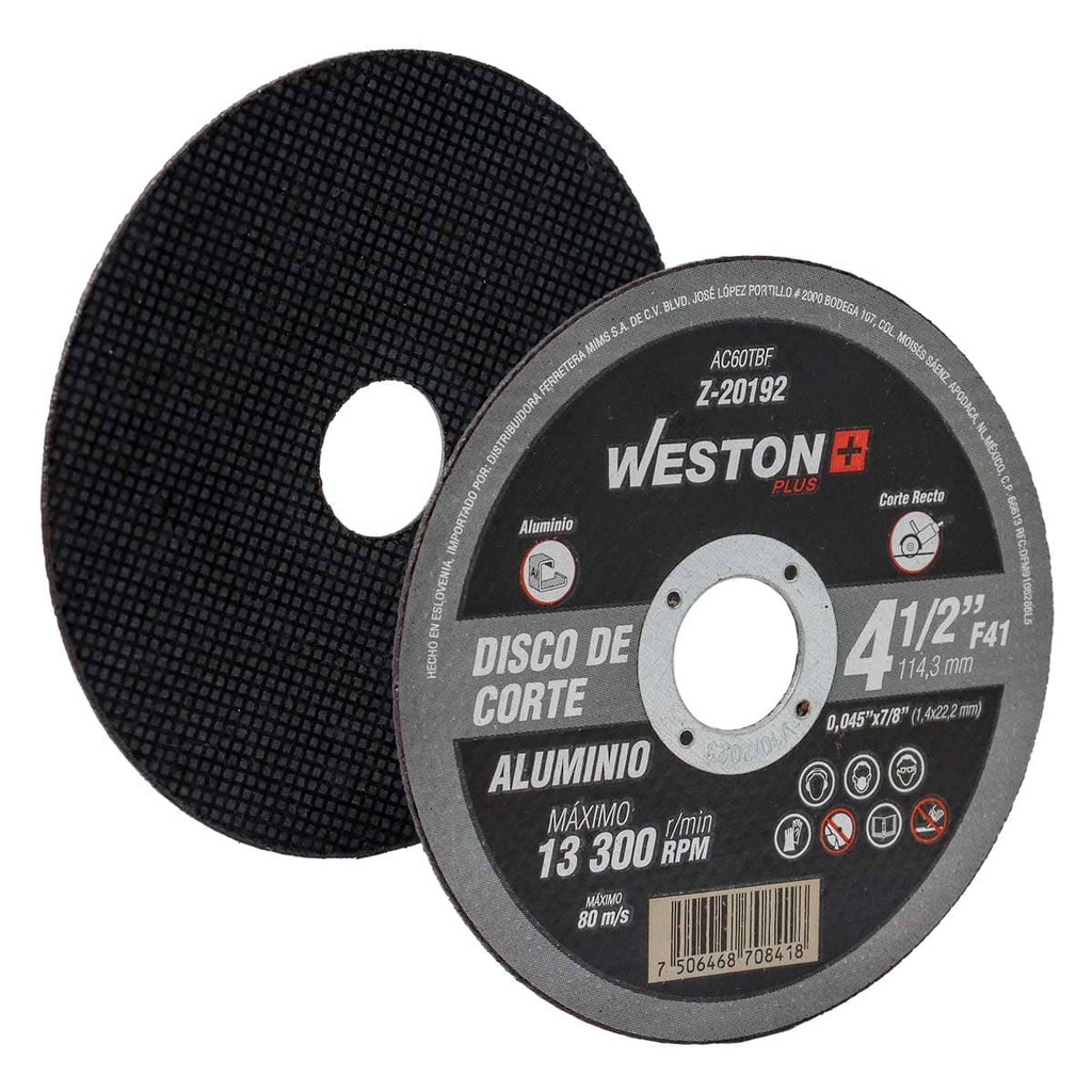 DISCO D/CORTE P/ALUMINIO 4-1/2" x 0.045"(1.14) x 7/8" F41 (Emp. c/10 Pzas - Precio x Pza)