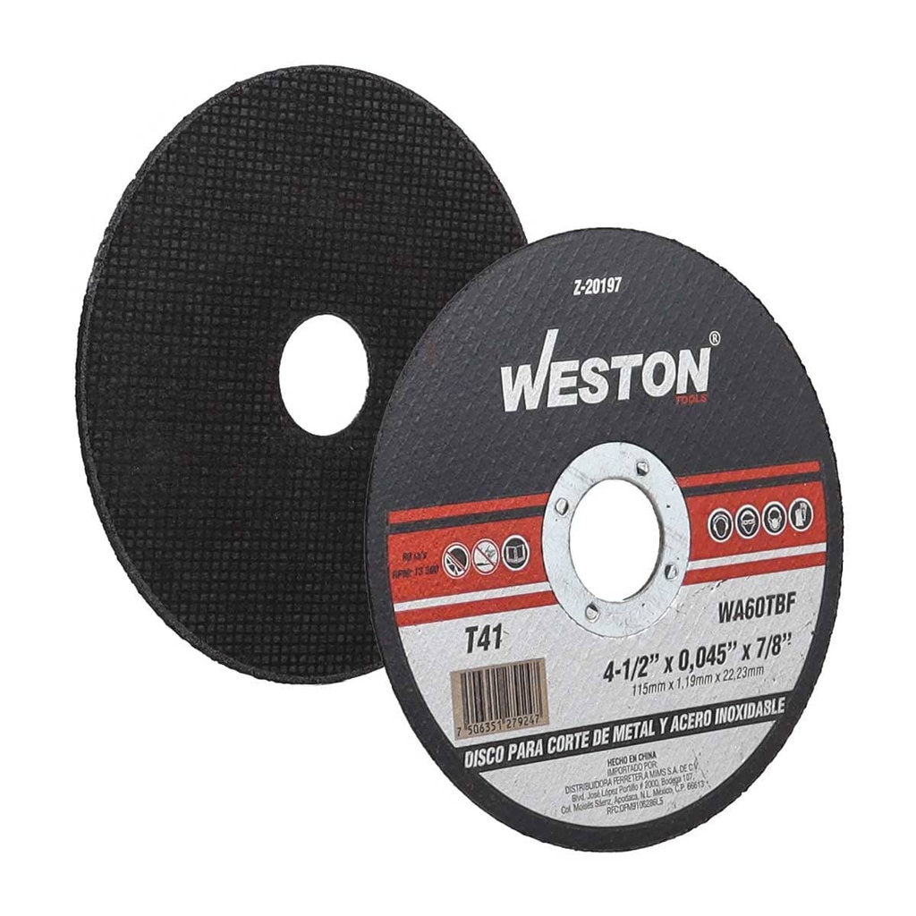 DISCO D/CORTE P/INOX. Y METAL 4-1/2" x 0.045"(1.4) x 7/8" F41 (Emp. c/10 Pzas - Precio x Pza)