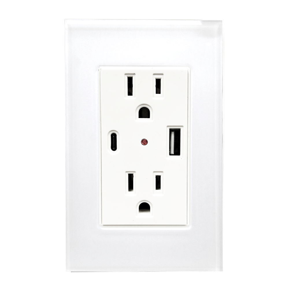 CONTACTO DOBLE ATERRIZADO CON ENTRADAS USB TIPO A Y C CON PLACA DE ACRILICO BLANCA 72mm