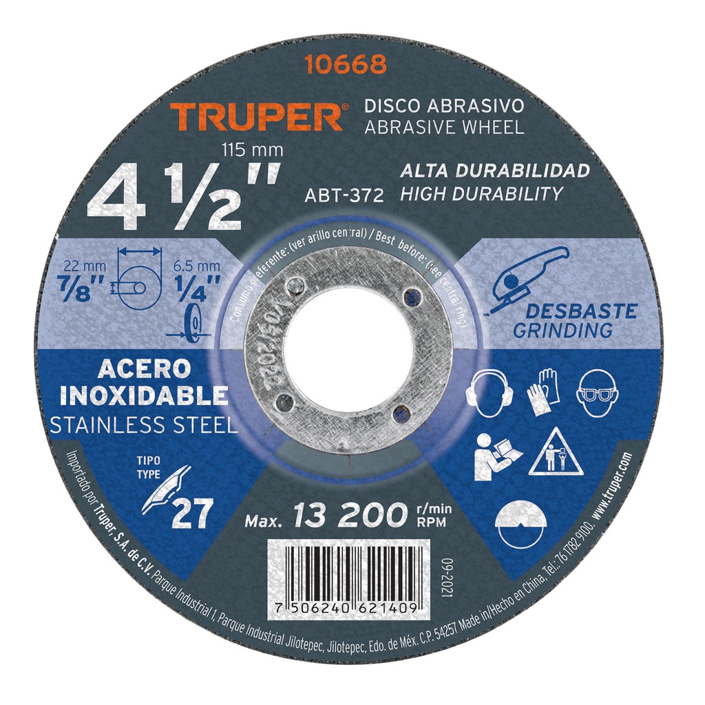 Disco Tipo 27 de 4-1/2' x 6.5 mm desbaste acero inoxidable