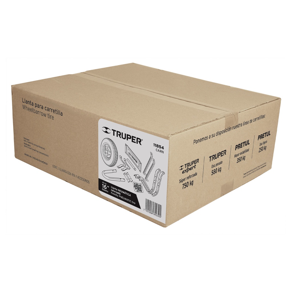 Caja c/llanta neumatica y accesorios p/carretilla Truper