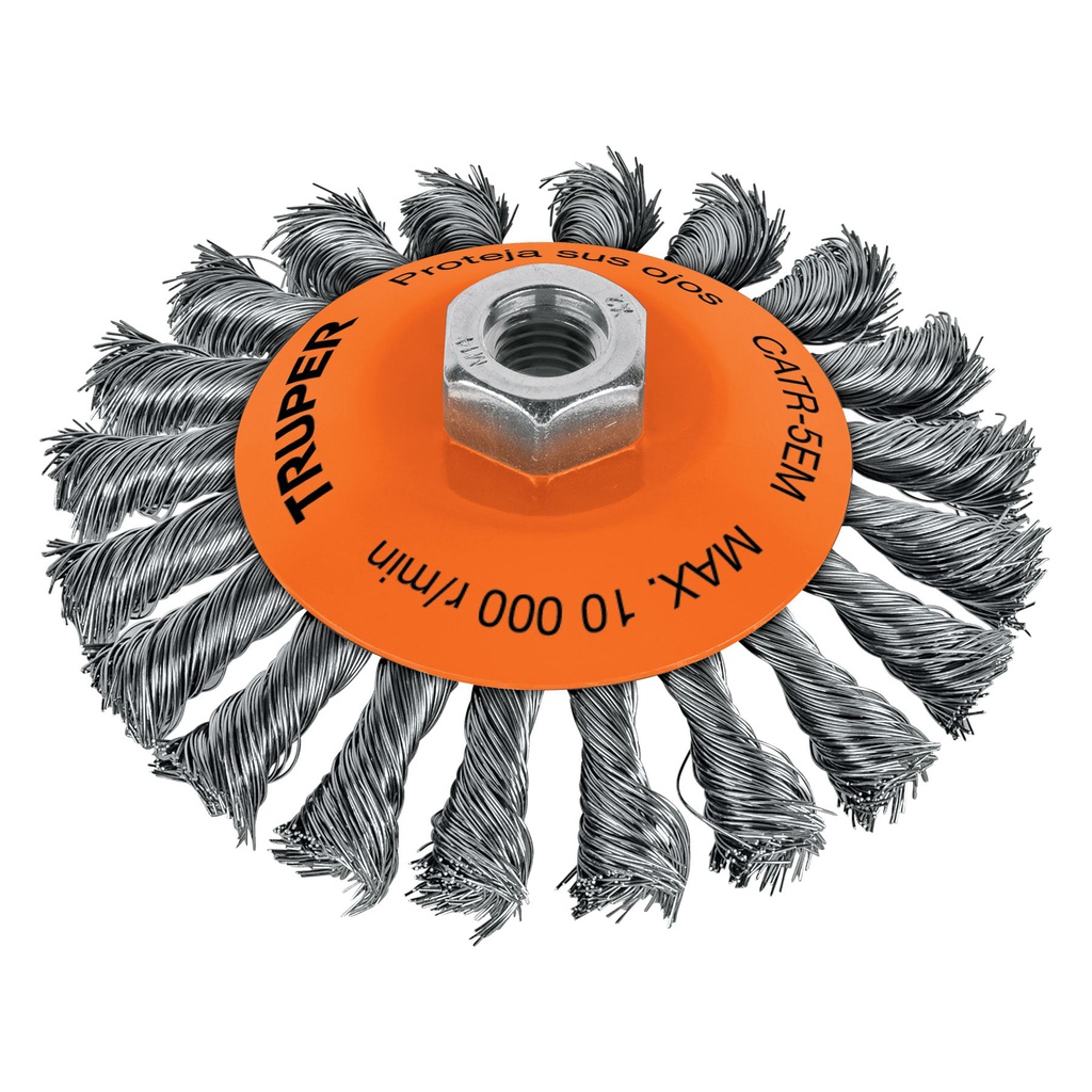 Carda tipo conico 5' alambre trenzado, eje M14, Truper