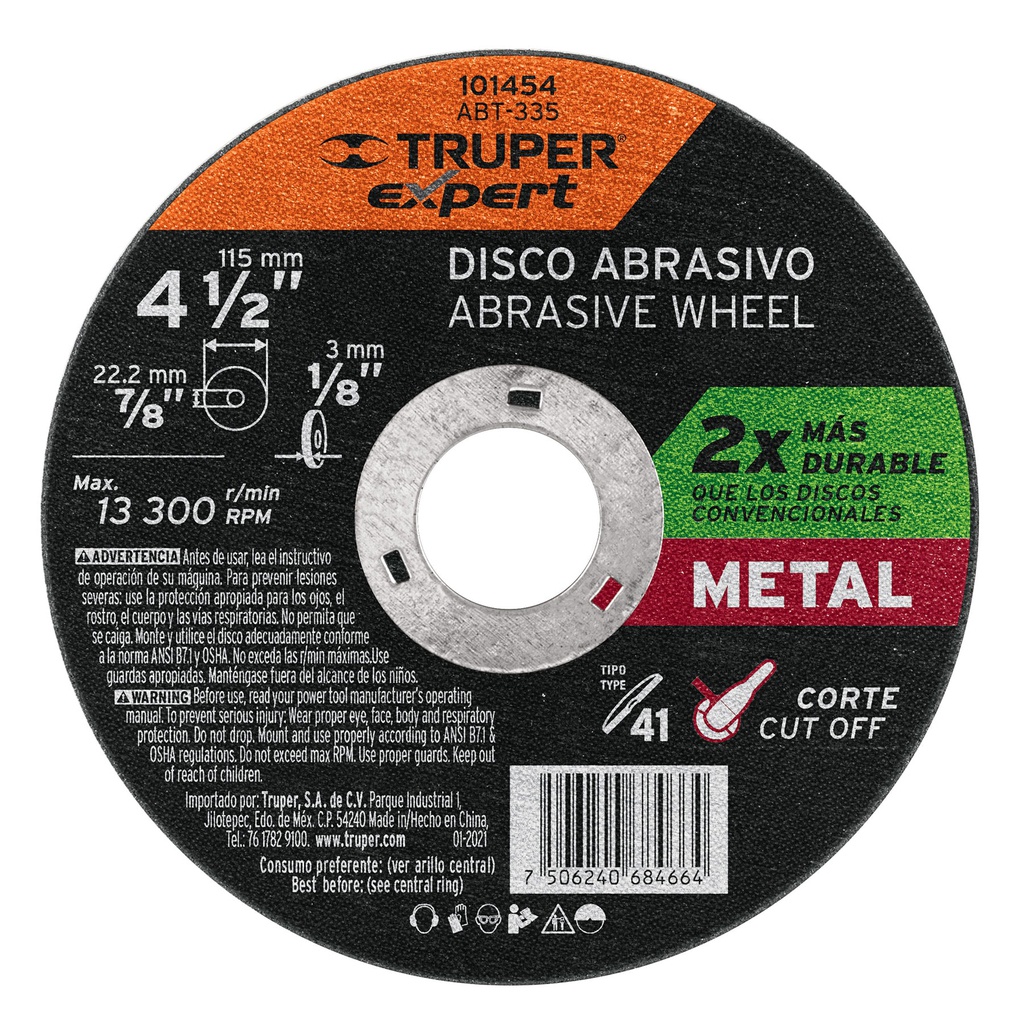 Disco para corte de metal 4-1/2' tipo 41, Truper Expert