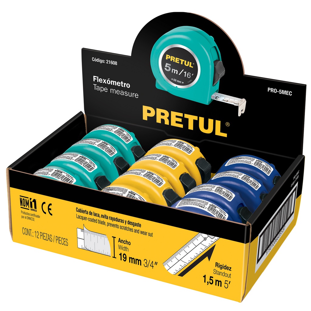 Flexometro 5 m cinta 19 mm, display box con 12 pzas, Pretul
