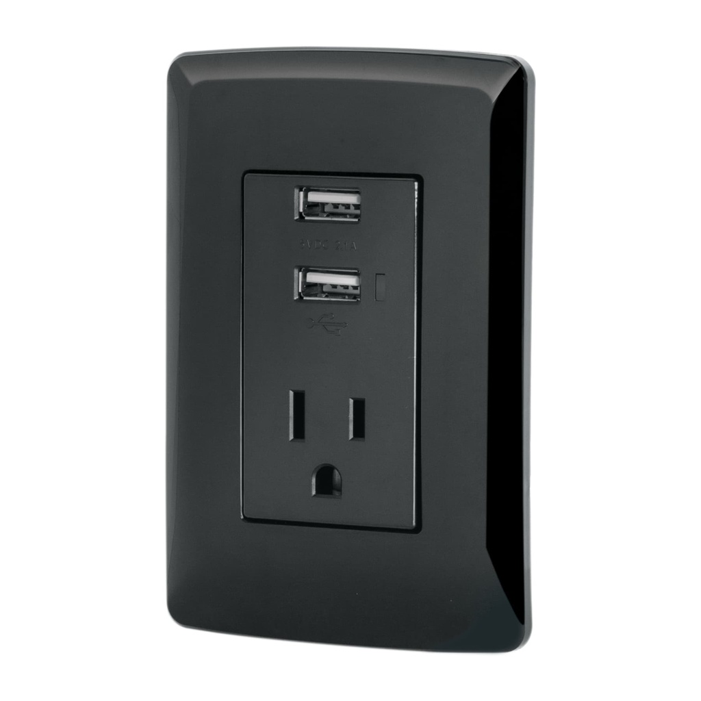 Contacto aterrizado + 2 puertos USB, negro, linea Italiana