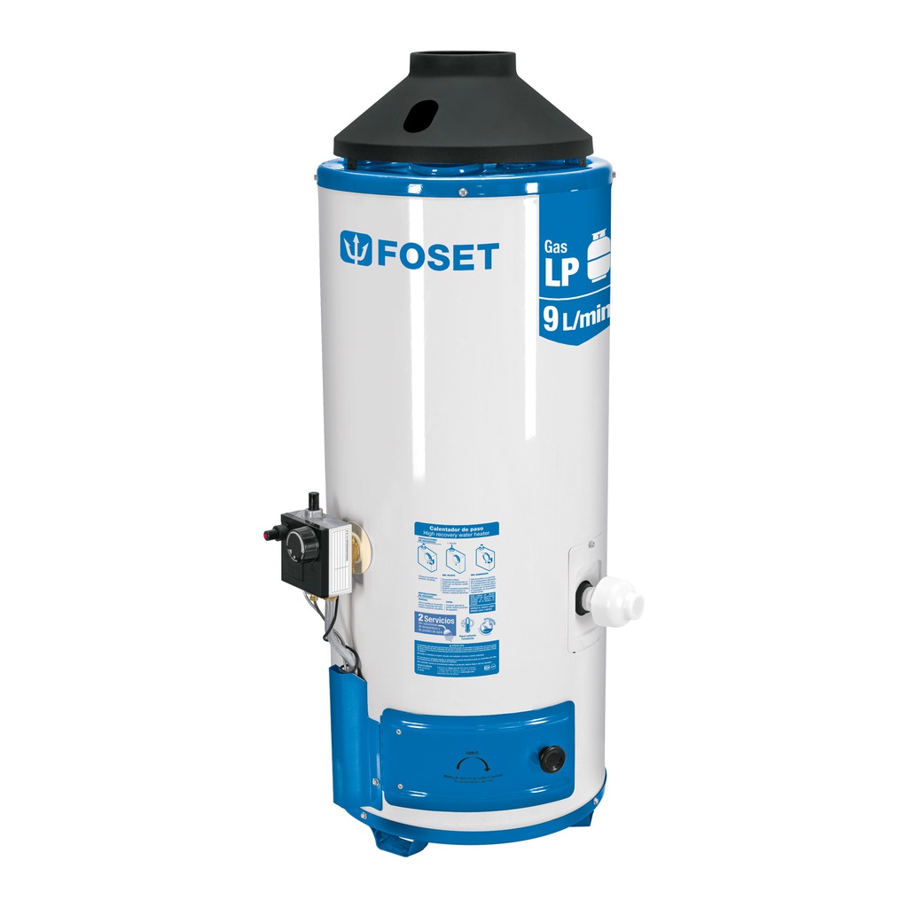 Calentador de paso, rapida recup, 9L, 2 serv, gas LP, Foset