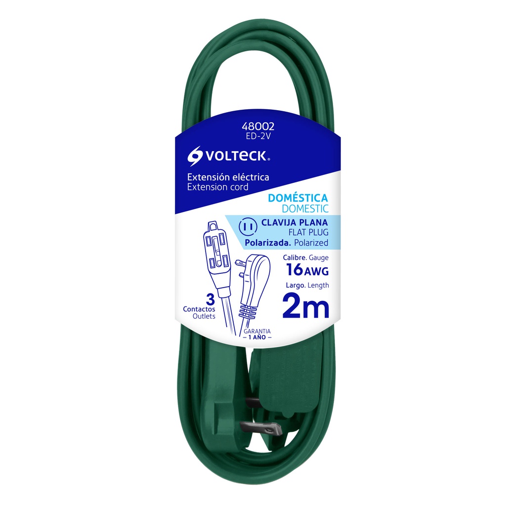 Extension electrica domestica 2 m verde con clavija plana
