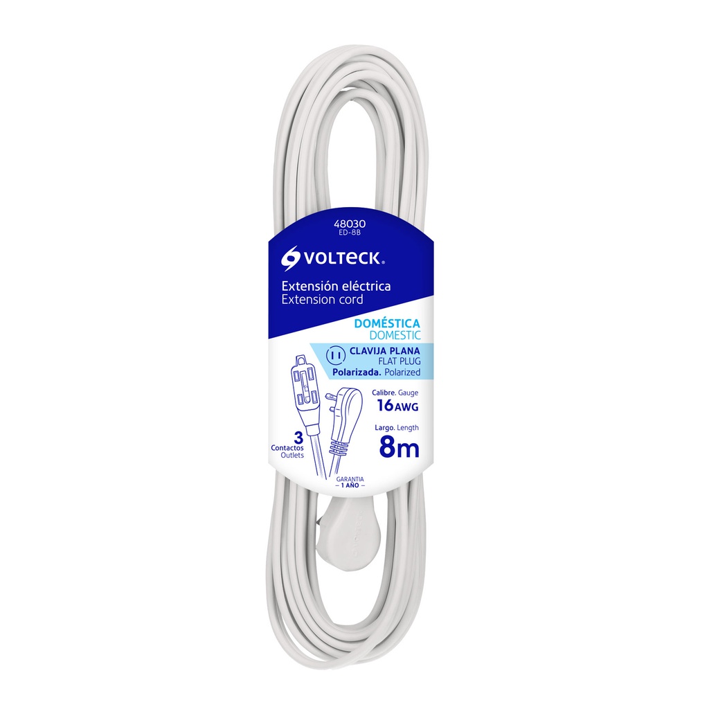 Extension electrica domestica 8 m blanca con clavija plana
