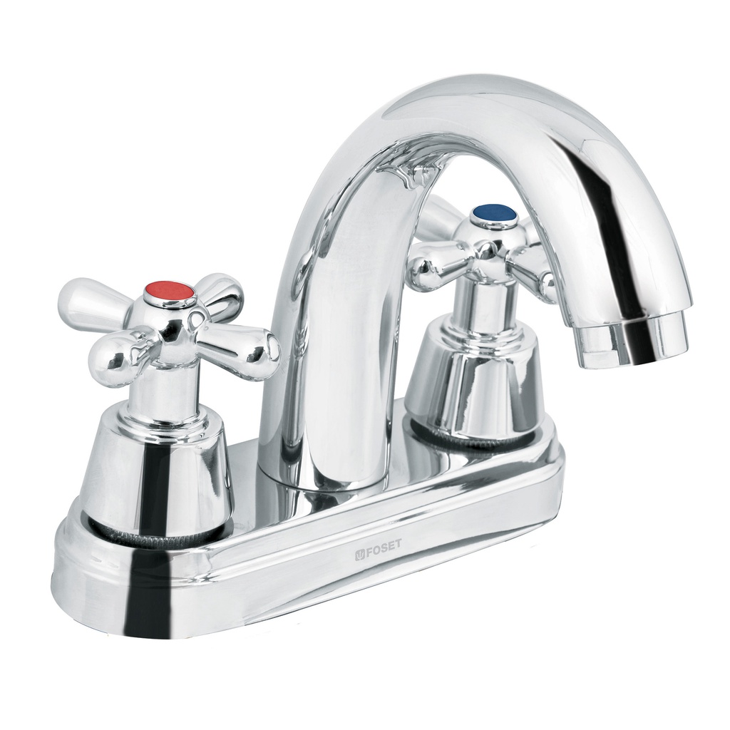 Mezcladora cromo 4' para lavabo, nariz curva, cruceta, Aqua