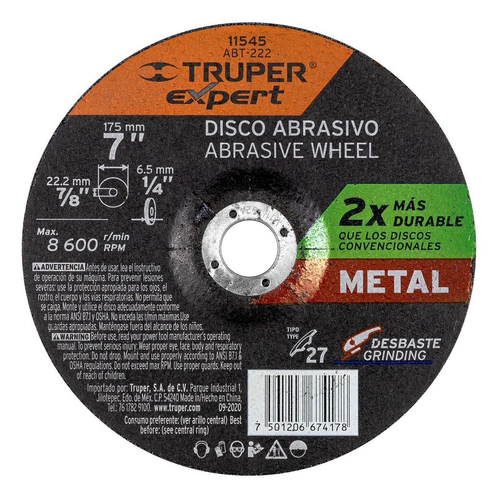 Disco Tipo 27 de 7' x 6.4 mm desbaste de metal, Expert