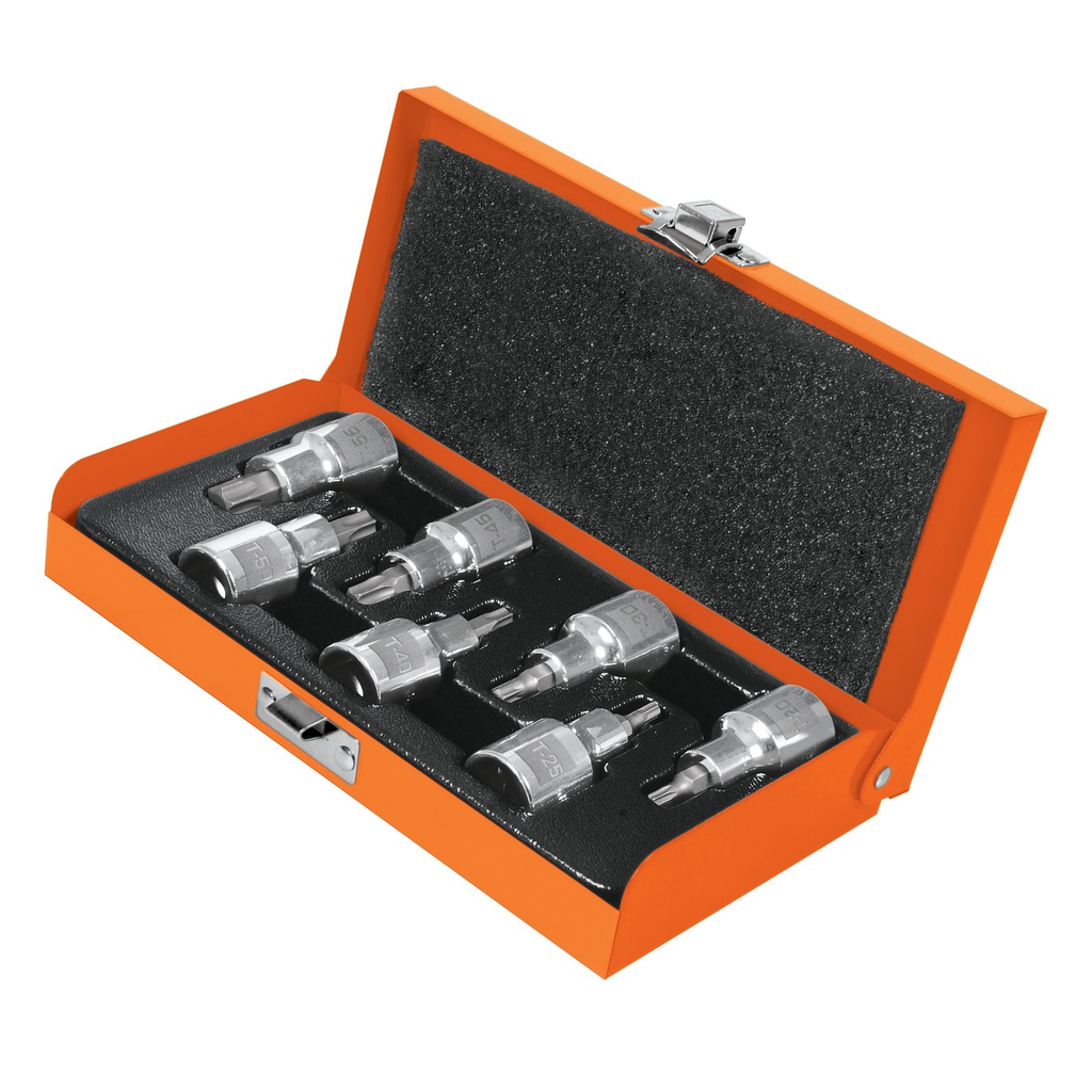 Juego de 7 dados cuadro 1/2' punta torx, estuche metalico