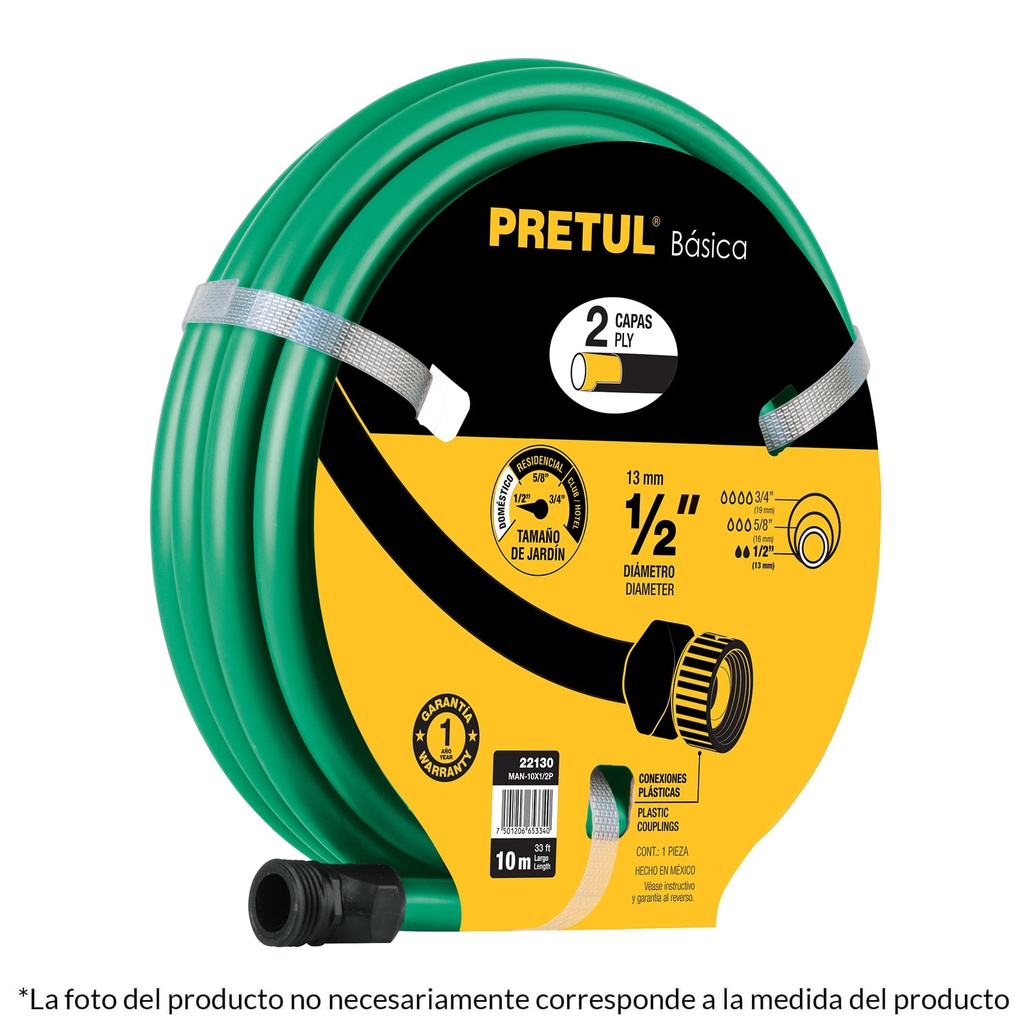 Manguera verde 1/2' 2 capas 15m conexiones plasticas, Pretul