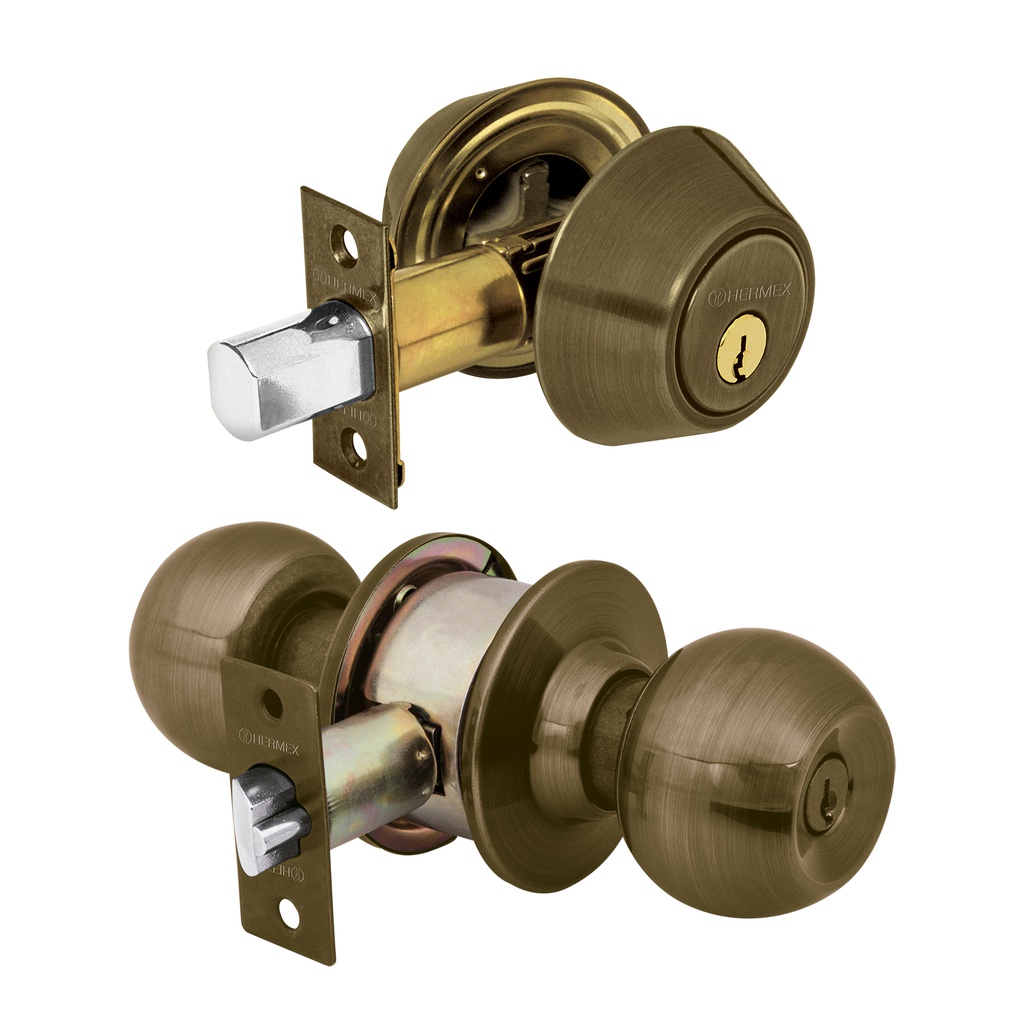 Combo cerraduras, llave-llave, laton antiguo, Hermex Basic
