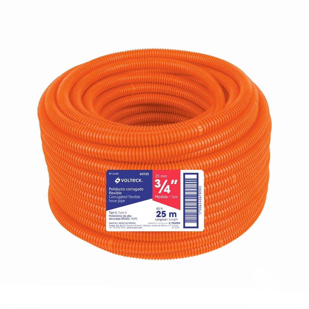 Metro de poliducto 3/4' corrugado flex. s/guia, rollo 25 m