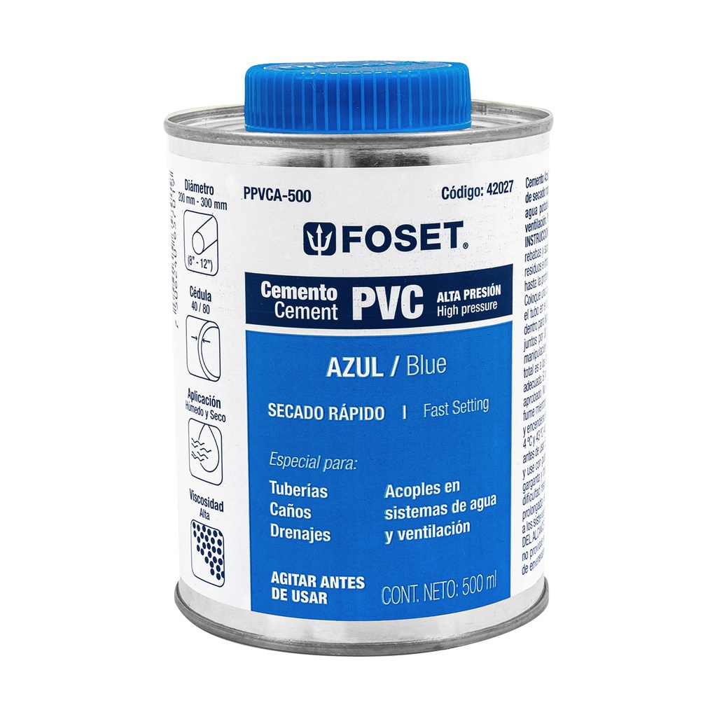 Cemento azul para PVC en bote de 500 ml, alta presion, Foset