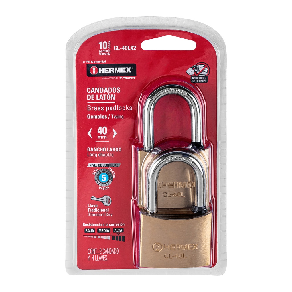Blister con 2 candados de laton de 40mm con gancho largo