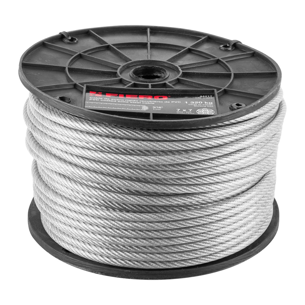 Metro de cable rigido 3/16' acero 7x7 recubierto PVC, 75 m