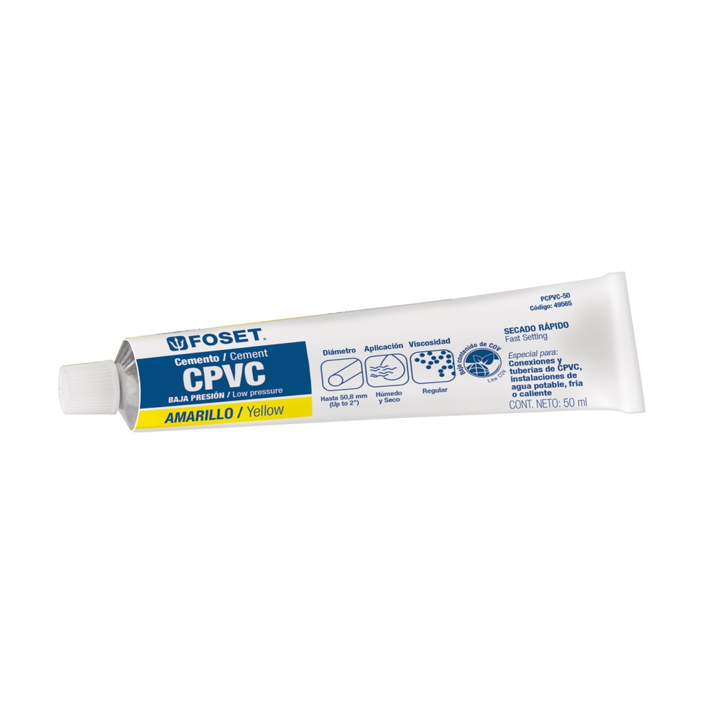 Cemento amarillo p/CPVC en tubo de 50 ml, baja presion,Foset