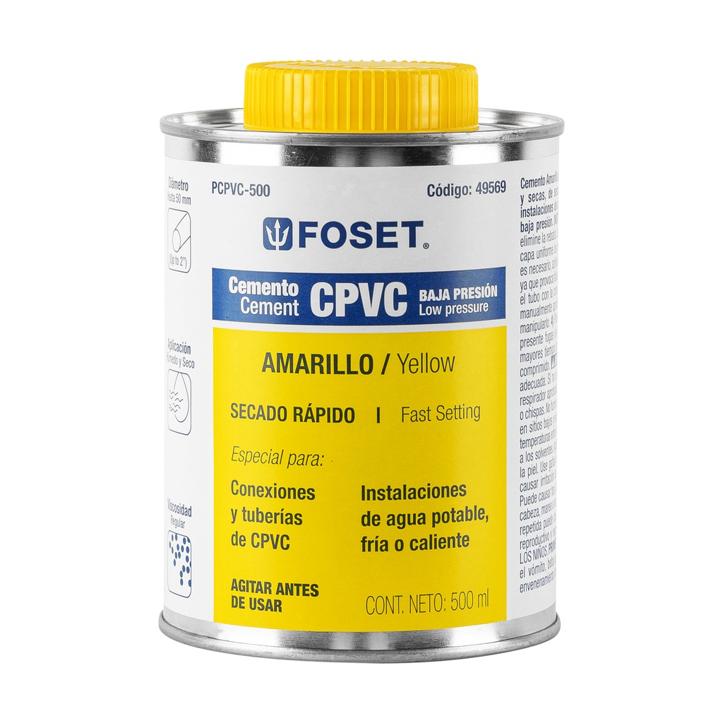 Cemento amarillo p/CPVC en bote de 500 ml,baja presion,Foset