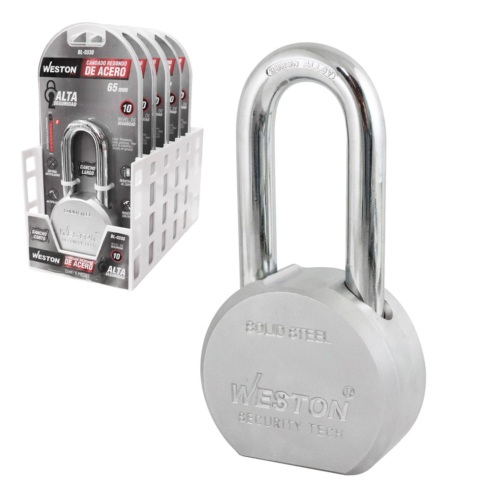 CANDADO REDONDO ACERO GANCHO BORO ALTA SEG. 65MM G. LARGO C/3 LLAVES (EMP. C/6 PZAS - PRECIO X PZA)