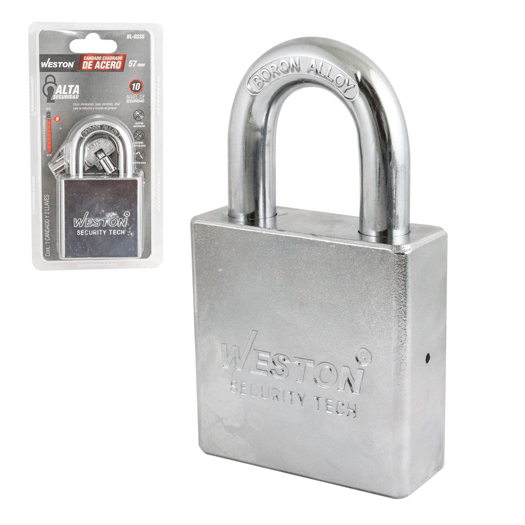 CANDADO CUADRADO D/ACERO GANCHO D/BORO D/ALTA SEGU. 57MM C/2 LLAVES (CAJA C/6 PZAS - PRECIO X PIEZA)