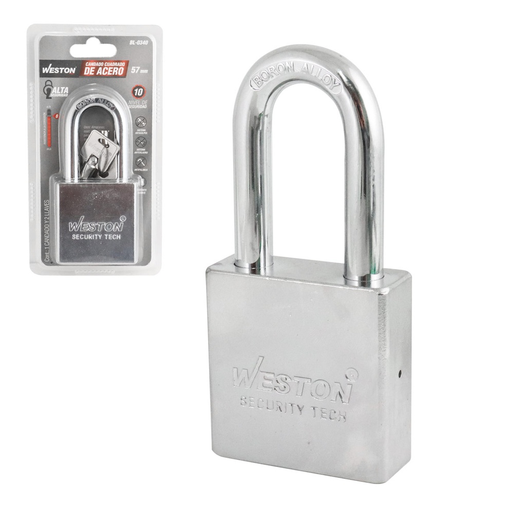 CANDADO CUADRADO ACERO GANCHO BORO ALTA SEGU 57MM G. LARGO 2 LLAVES (CAJA C/6 PZAS - PRECIO X PIEZA)