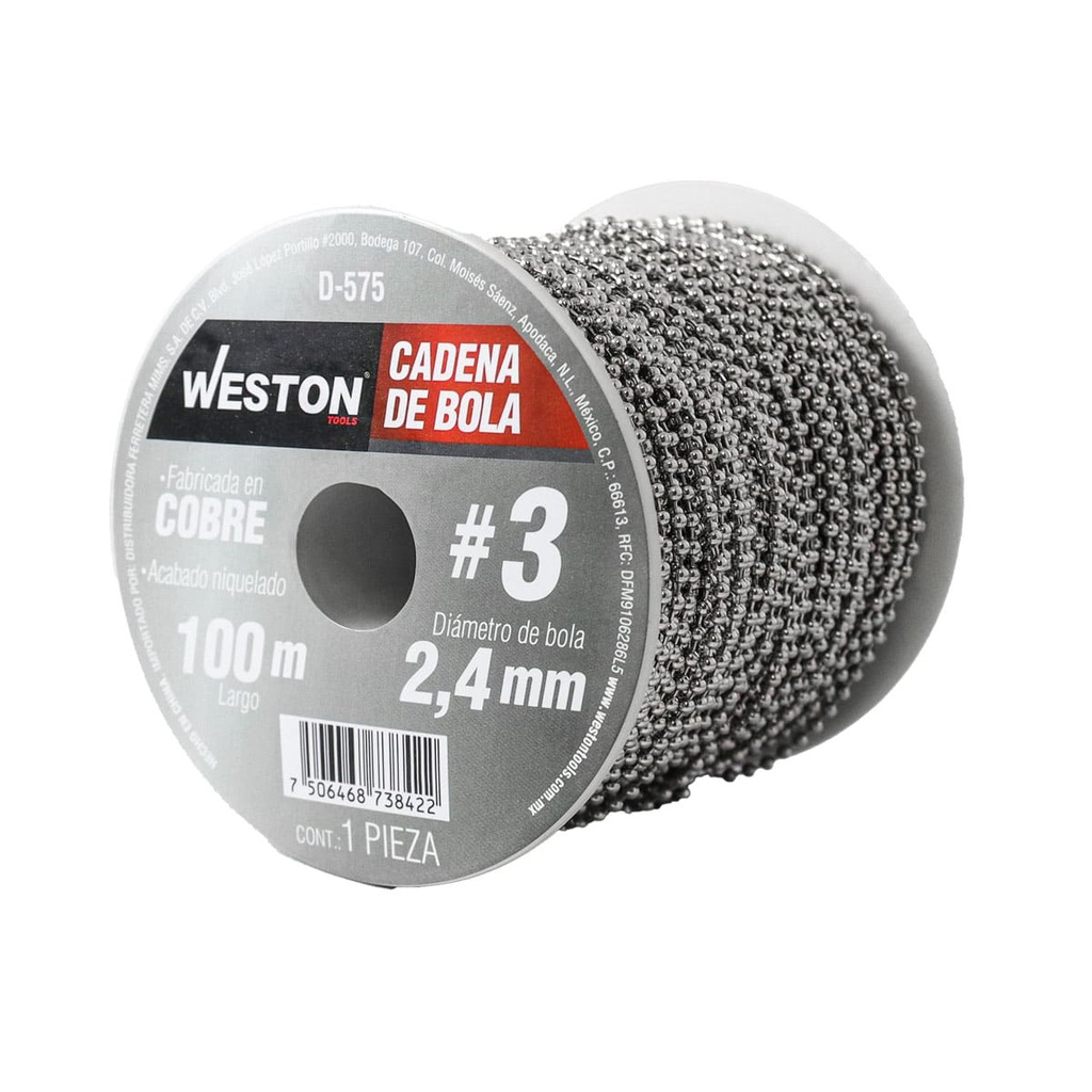 CADENA DE BOLA COBRE NIQUELADA #3 2.4MM ROLLO 100M