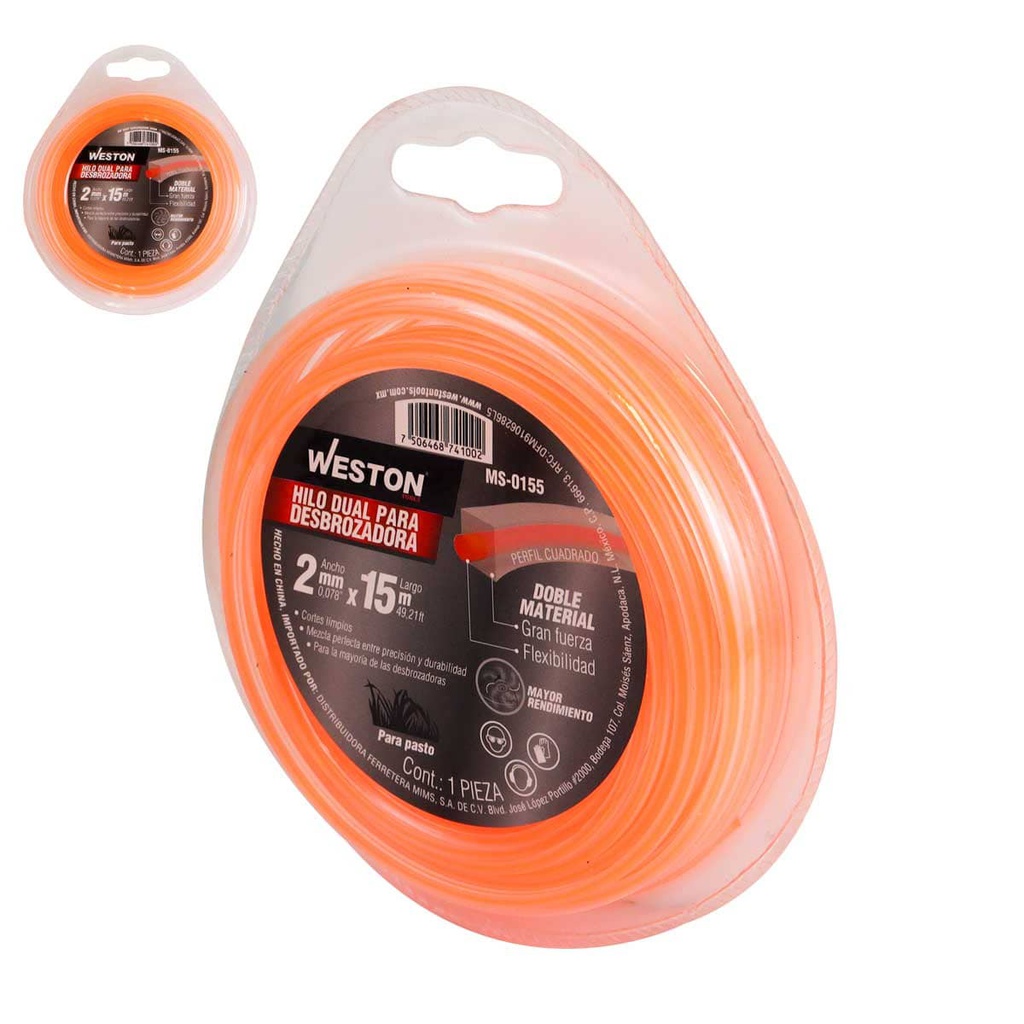 HILO DUAL P/DESBROZADORA EN BLISTER 2.0mm X 15m - NARANJA