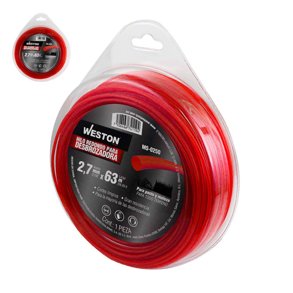 HILO REDONDO P/DESBROZADORA EN BLISTER 2.7mm X 63m - ROJO