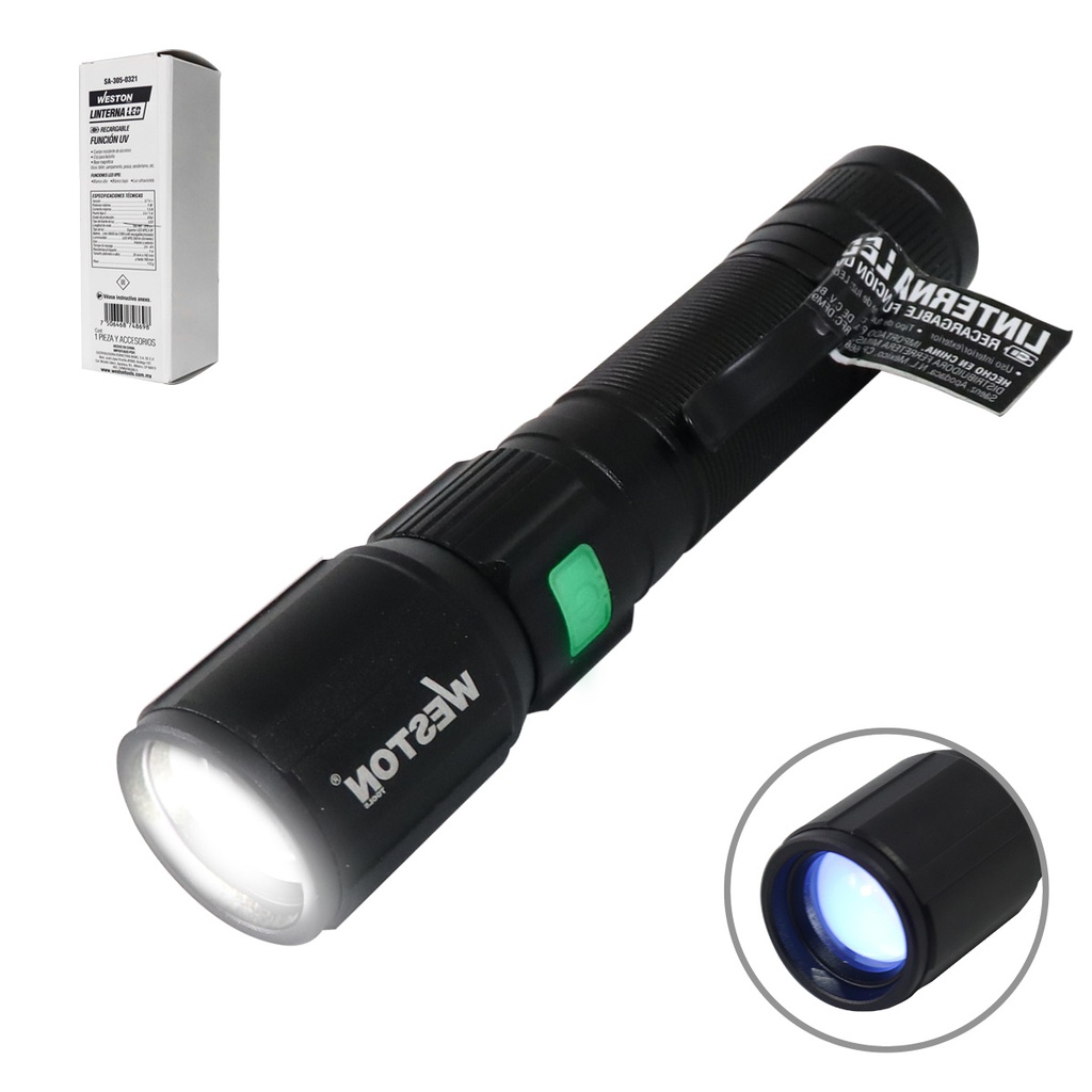 LINTERNA LED RECARGABLE USB, FUNCION UV LONGITUD DE ONDA 365-370NM