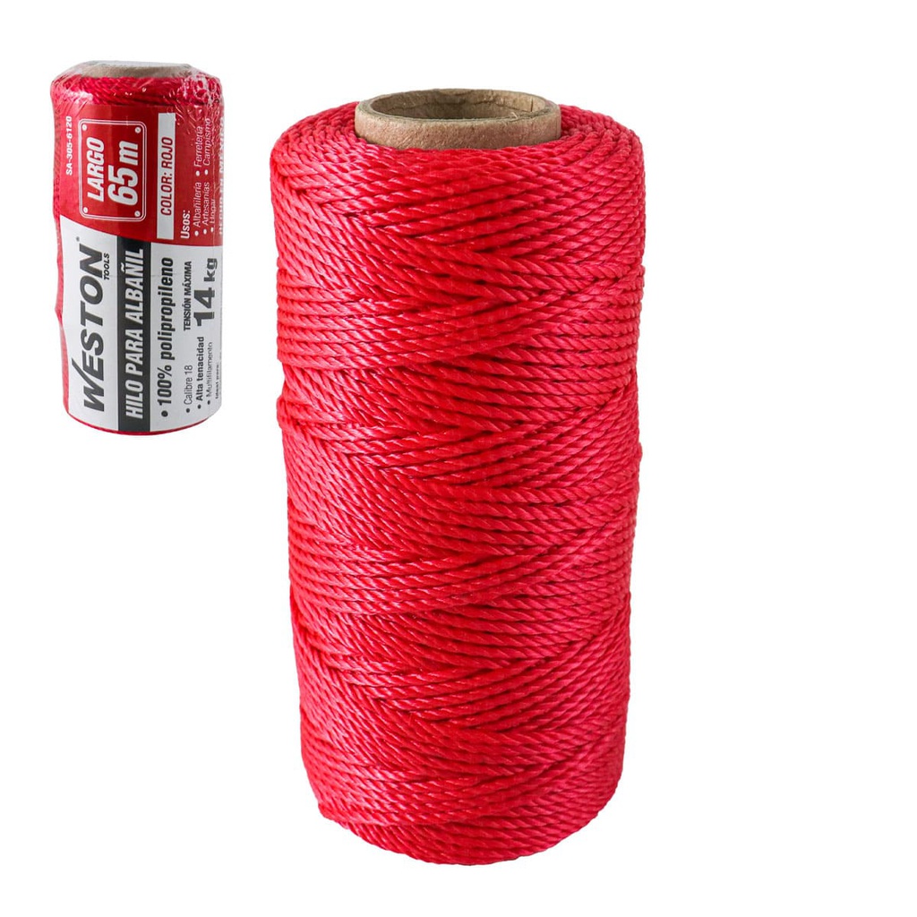 HILO PARA ALBAÑIL DE POLIPROPILENO CAL. 18 ROJO CHICO 65M