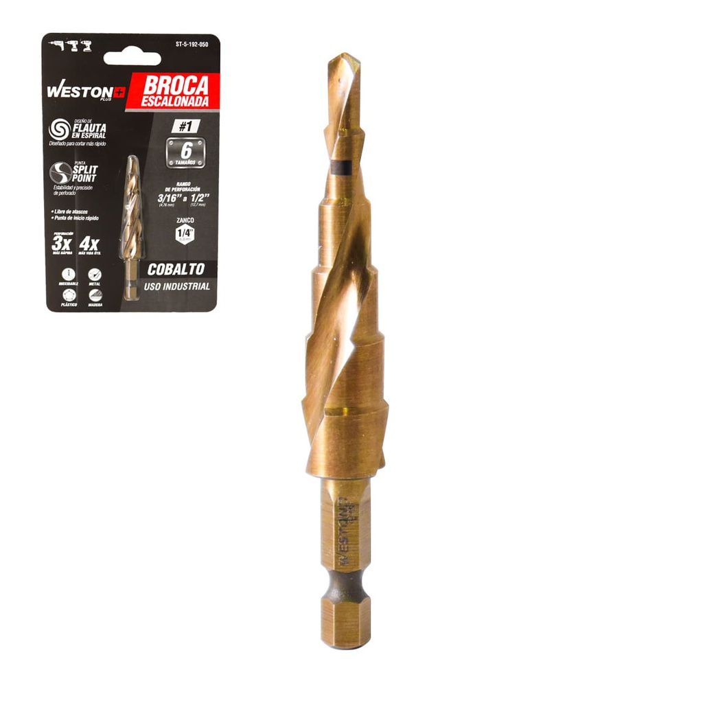 BROCA ESCALONADA ESPIRAL COBALTO #1 3/16'' - 1/2'' WESTON PLUS