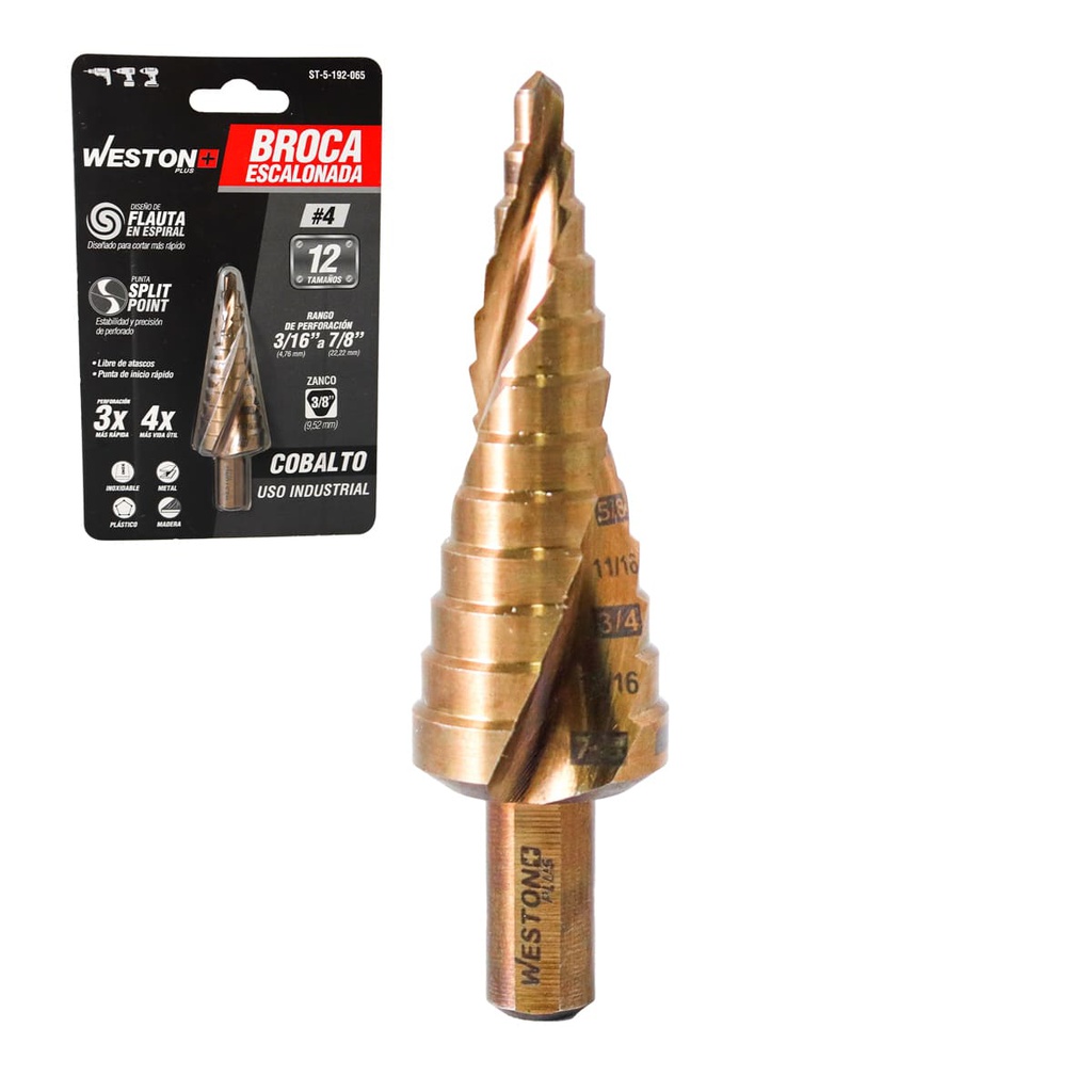 BROCA ESCALONADA ESPIRAL COBALTO #4 3/16'' - 7/8'' WESTON PLUS