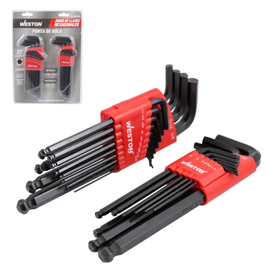 JUEGO DE 22 LLAVES HEX LARGAS MIXTAS PUNTA DE BOLA CRV 1.5 A 10MM / 0.05" A 3/8"