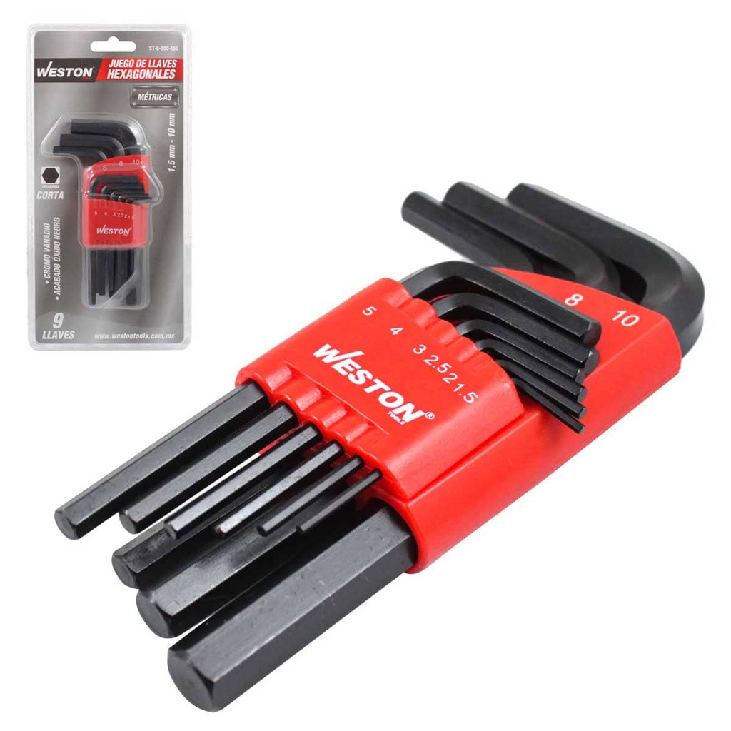 JUEGO DE 9 LLAVES HEX CORTAS METRICO 1.5-10MM CRV
