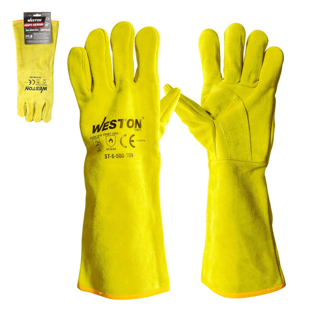 GUANTE SOLDADOR AMARILLO C/ REF. EN PALMA, USO INDUSTRIAL TIPO A 16&quot;