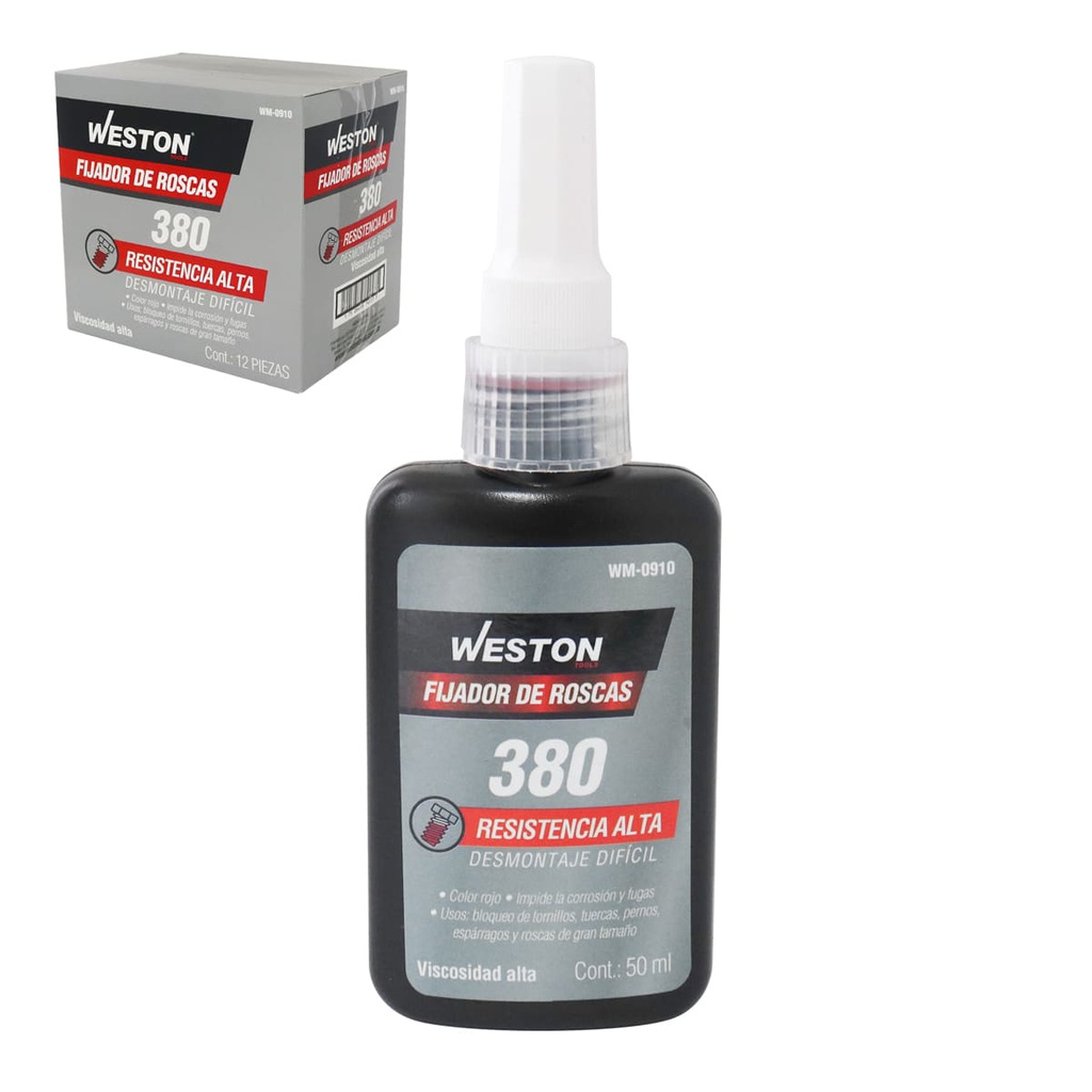 FIJADOR DE ROSCAS 380 RESISTENCIA ALTA COLOR ROJO 50ml           