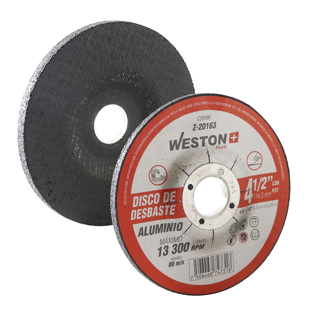 DISCO DESBASTE P/ALUM 4-1/2" x 1/4"(6.35) x 7/8" F27 CARB. D/SILICIO (Emp. c/5 Pzas - Precio x Pza)