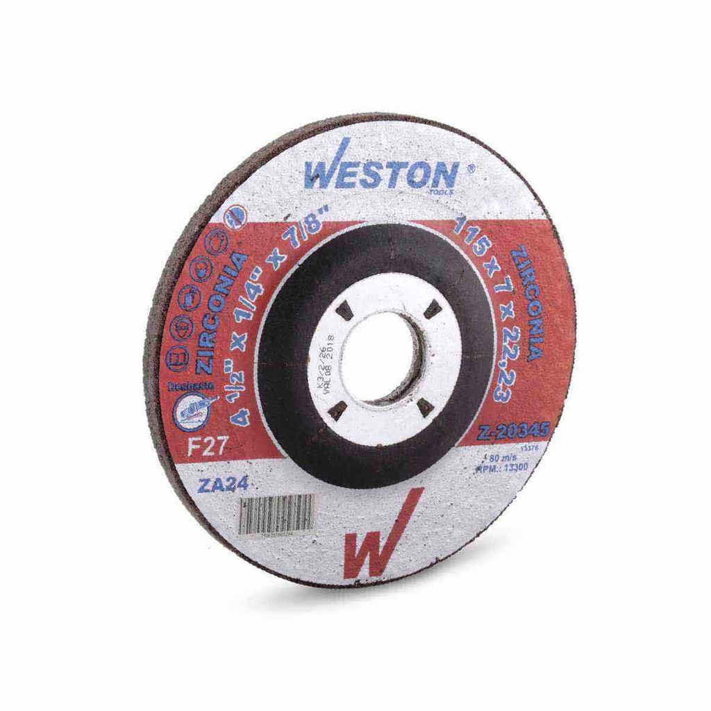 DISCO D/DESBASTE P/INOX. D/ZIRCONIO 4-1/2" x 1/4"(6.35) x 7/8" F27 (Emp. c/5 Pzas - Precio x Pza)