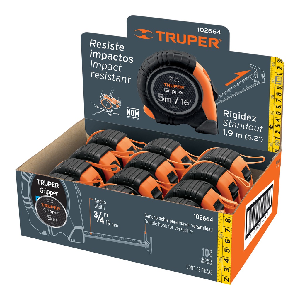 Flexometro Gripper 5.5m cinta 25mm display box con 12 piezas