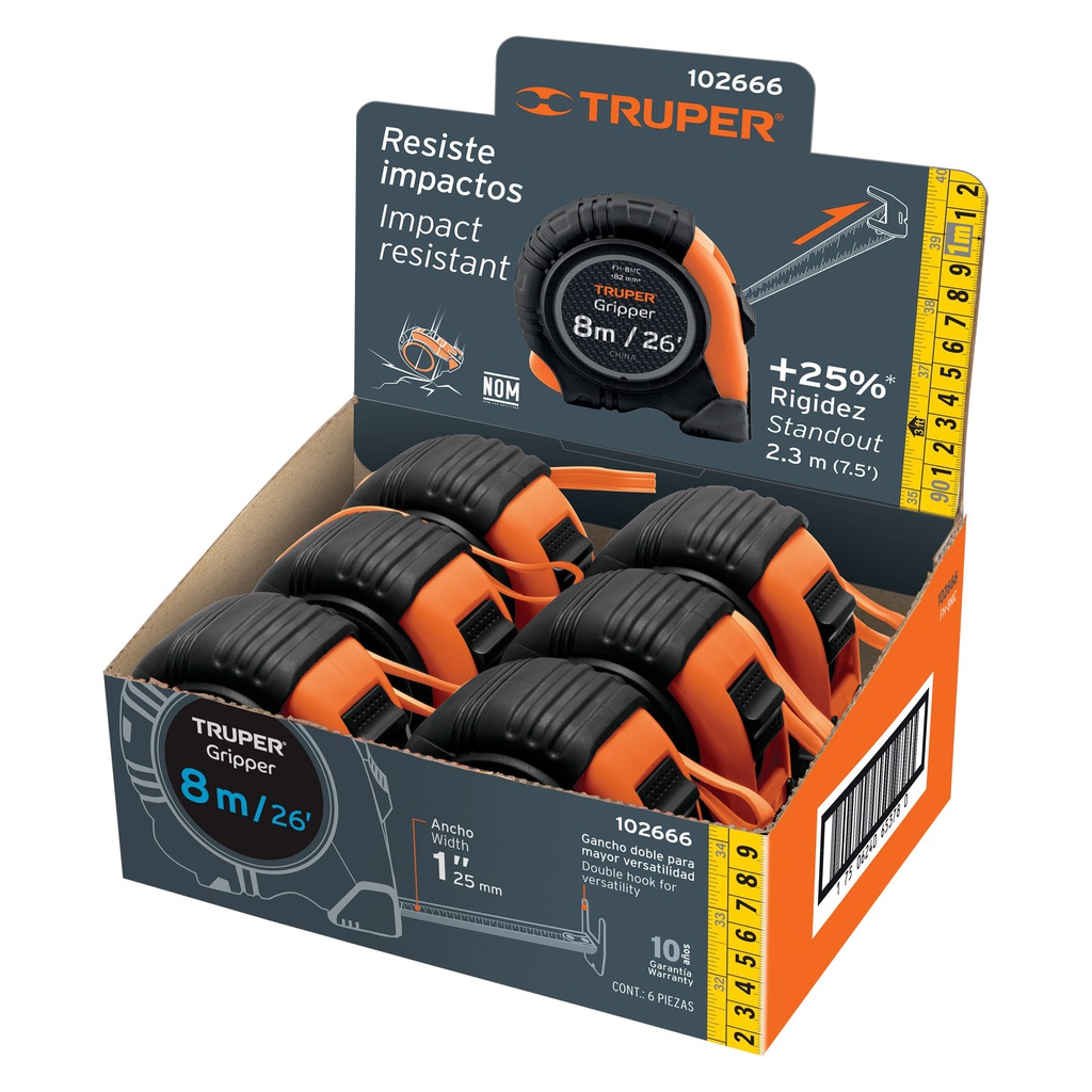 Flexometro Gripper 8 m cinta 25 mm display box con 6 piezas