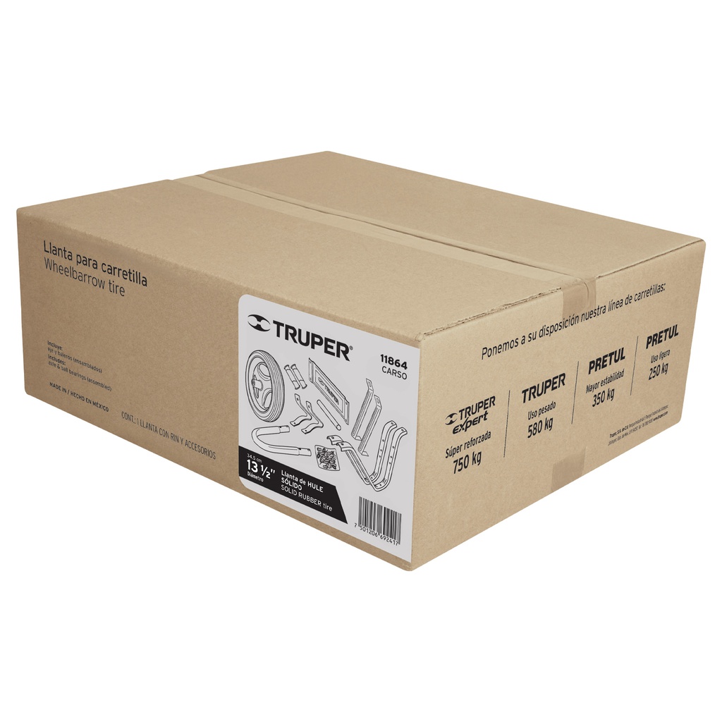 Caja c/llanta hule solido y accesorios p/carretilla Truper