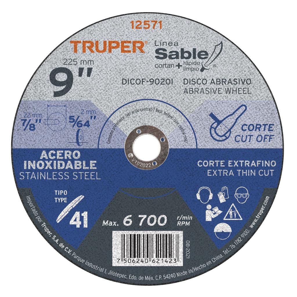 Disco Tipo 41 de 9' x 2 mm corte fino acero inox, Sable