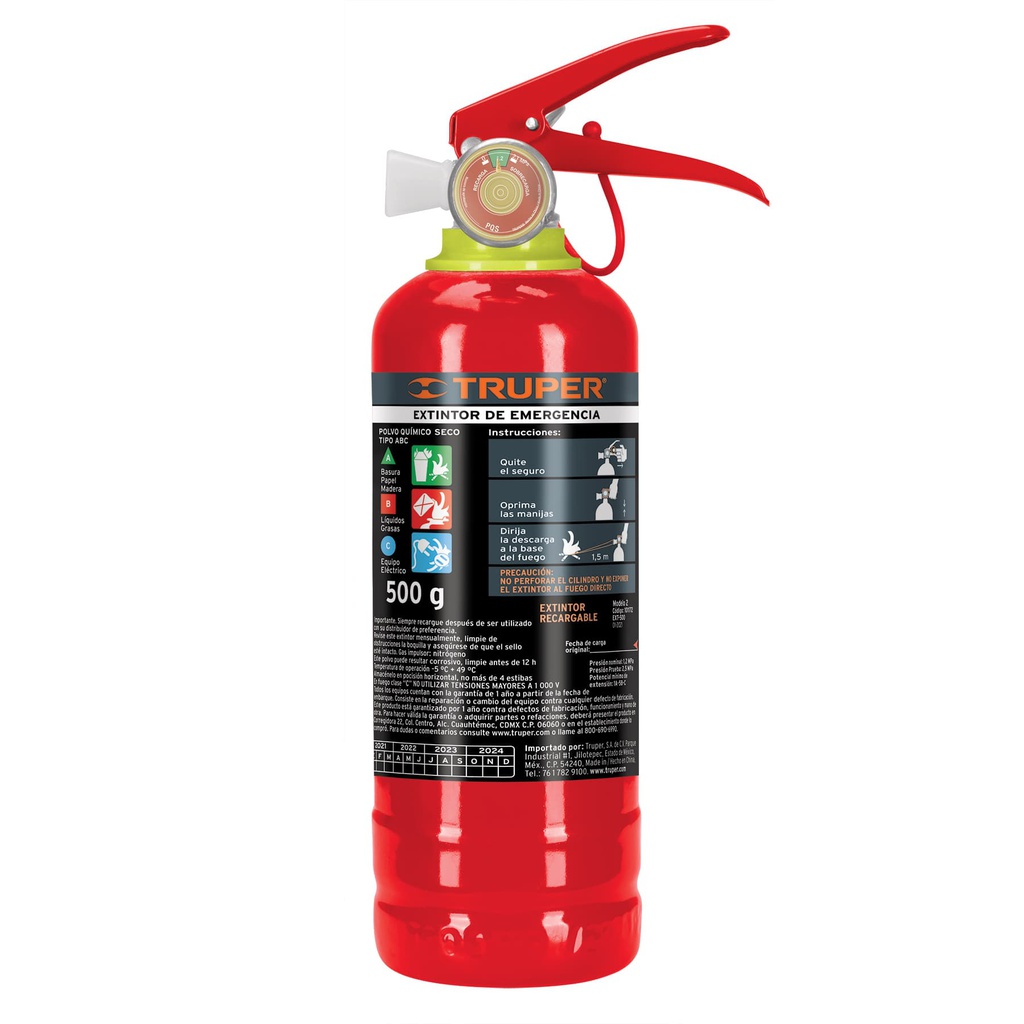 Extintor portatil recargable 0.5 kg, polvo tipo ABC, Truper
