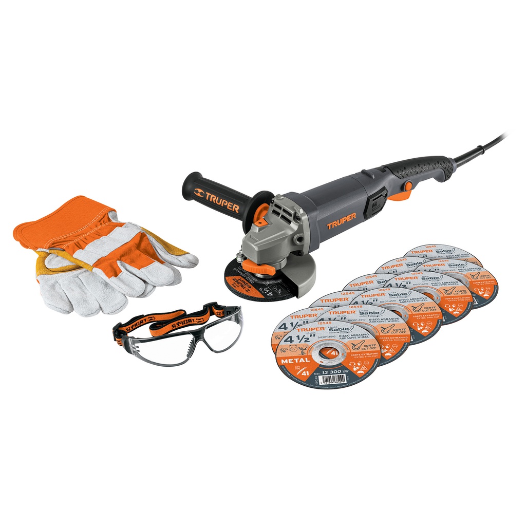 Esmeriladora 4-1/2' 950 W, discos, lentes y guantes, Truper