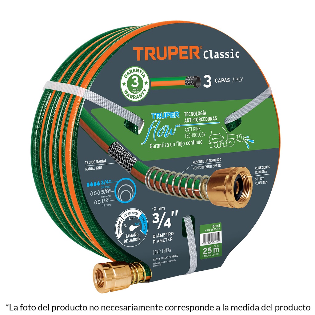 Manguera 5/8' reforzada 3 capas 15 m conexiones de metal