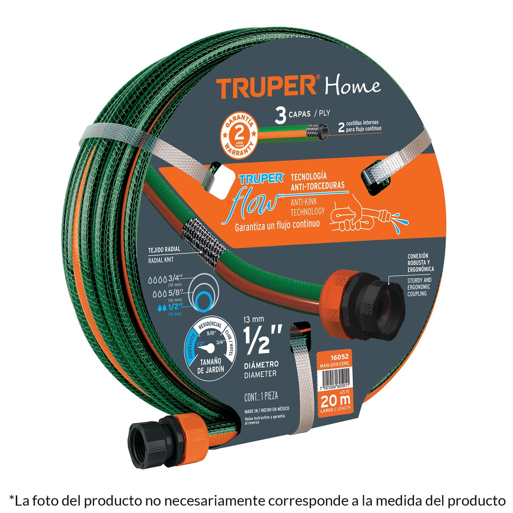 Manguera 1/2'reforzada 3 capas 10 m conexiones plasticas