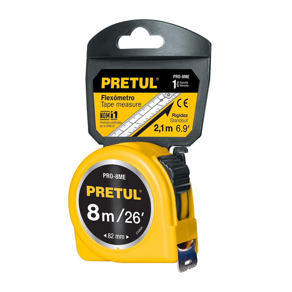 Flexometro amarillo 8 m cinta 25 mm, en tarjeta, Pretul