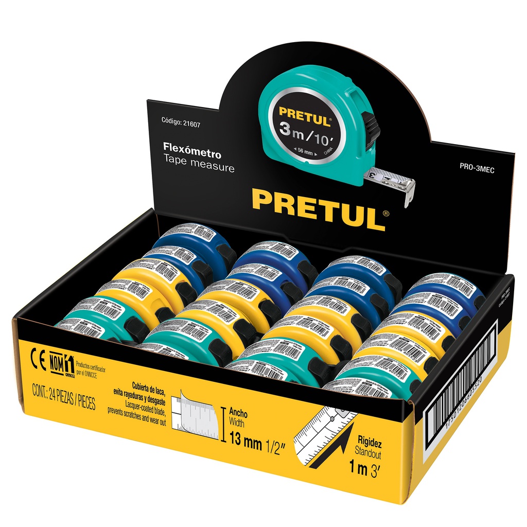 Flexometro 3 m cinta 13 mm, display box con 24 pzas, Pretul