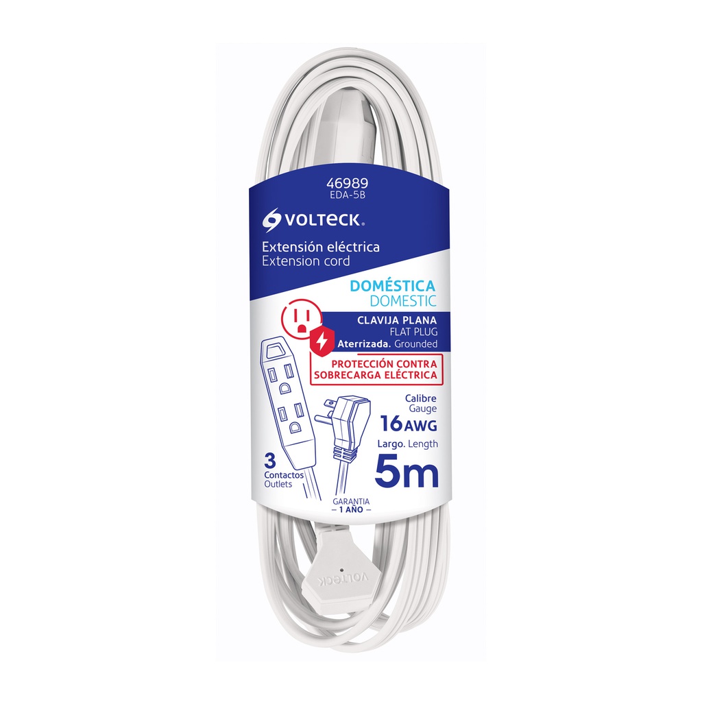 Extension domestica aterrizada 5 m blanca con clavija plana